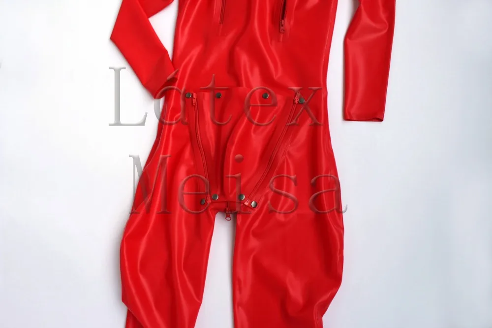 Male's latex custom trailored catsuit red color open mesh eyes &amp penis holes attached codpiece and 5 zippers(chests crotch) |