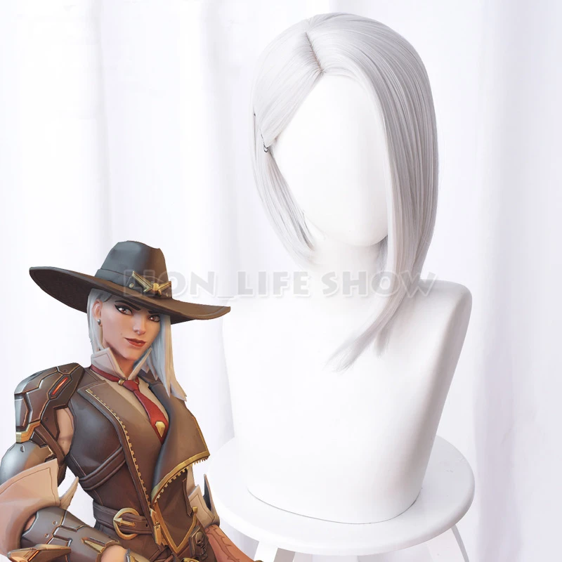 

OW Ashe Short Straight White Cosplay Wig Womens Side Part Bob Hair Wig