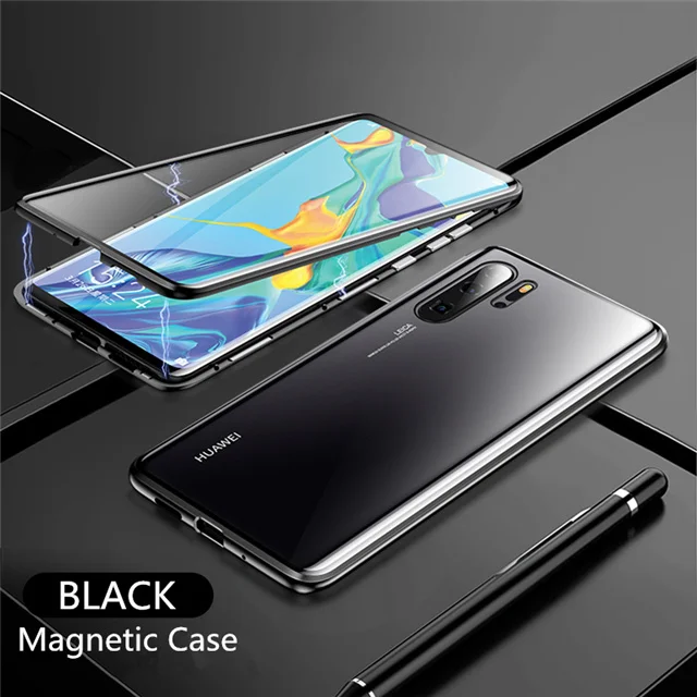 Black Защитный Магнитный чехол с двойным стеклом для huawei p20 P30 Pro, чехол из закаленного стекла для задней панели huawei P30 lite - Цвет: Black
