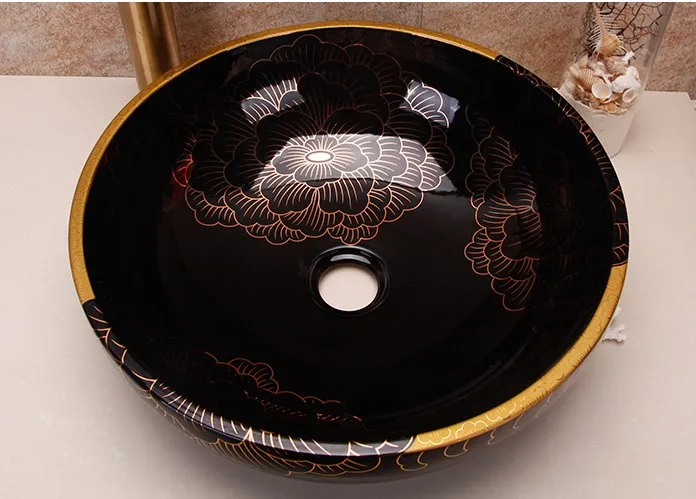 Черный белый золотой цвет цветок керамическая раковина для ванной комнаты