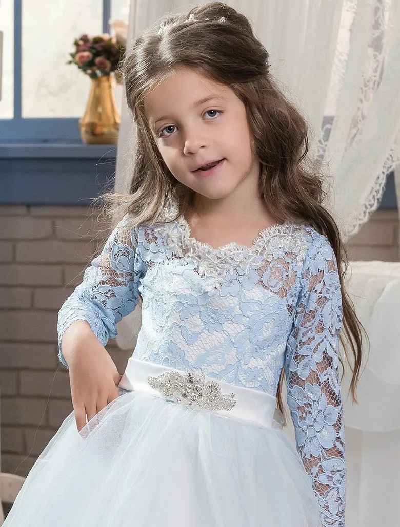 2017 Cute A-line Tulle Scoop Neck Long Sleeve Flower Girl Dresses Button up Kids Pageant Vestido de nina las flores | Свадьбы и