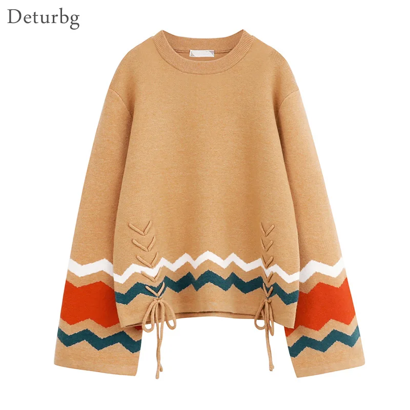 

Женский Модный корейский волнистый полосатый свитер для девочек с расклешенными рукавами и круглым вырезом на шнуровке, теплый вязаный шко...