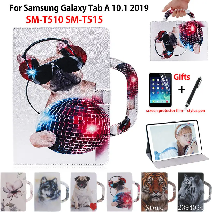

Чехол для Samsung Galaxy Tab A 10,1 2019, T510, T515, искусственная Обложка, Модный чехол для планшета, ручной держатель, чехол + подарок