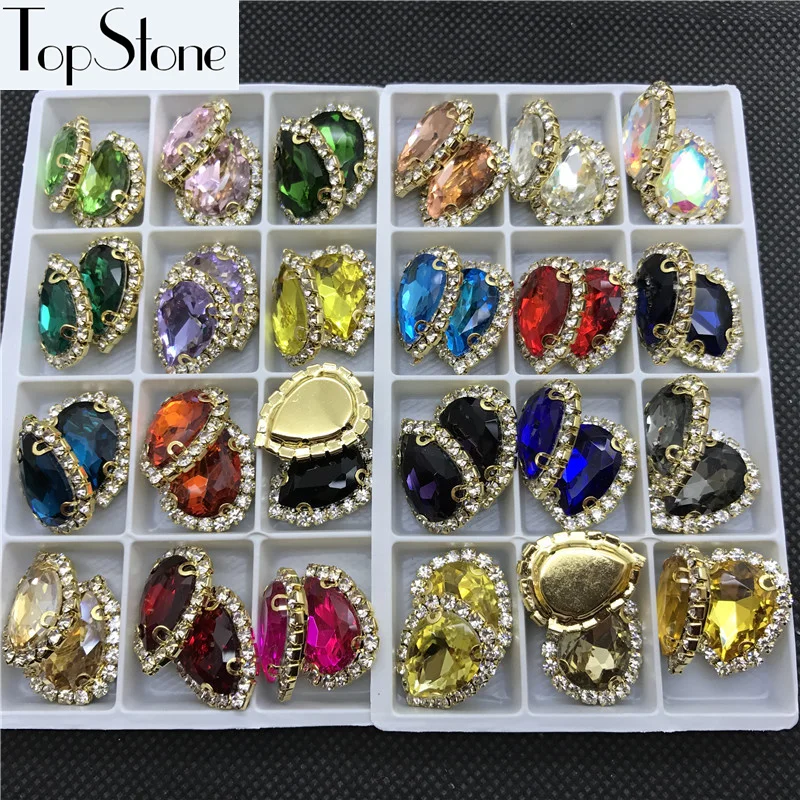 Sew On Teardrop glass crystal fancy stone 13X18mm In Golden handmade claw 18x24mm for Jewelry Making | Дом и сад