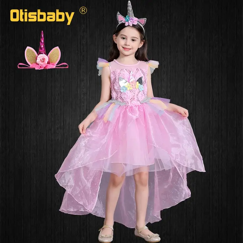 Pink Set Детское платье с цветочным принтом и единорогом для дня рождения; костюм для девочек на Рождество и год; платье принцессы с длинным шлейфом для девочек; roupa infantil - Цвет: Pink Set