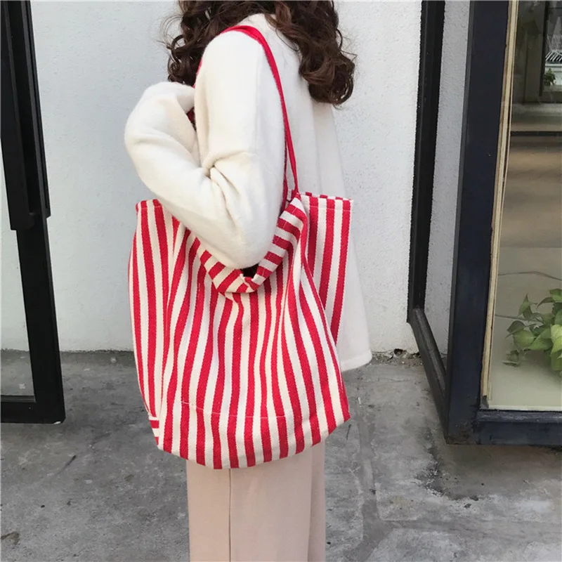 

Simple Women Canvas Cotton Shoulder Bags Retro Stripes Ladies Large Casual Tote Handbags Shopper Bags Female Beach Shopping Bag
