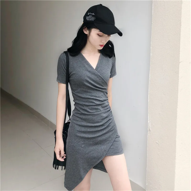 

Women's Dress Spring New Long Irregular Bag Hip Sexy Dress Summer Short-Sleeved V-Neck High Waist Stretch Dress Fashion Women