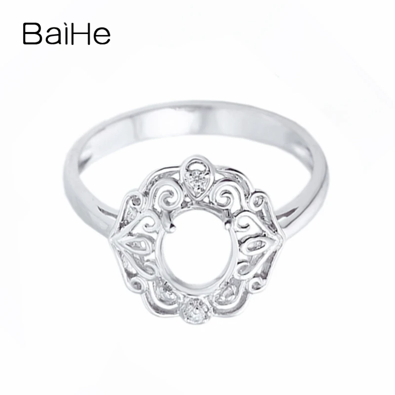 

BAIHE Diamond Gemstone Solid 14k White Gold Filigree Ring About 6x8mm Fine Jewelry Oval Cut Semi mount Gift Semi mount Ring