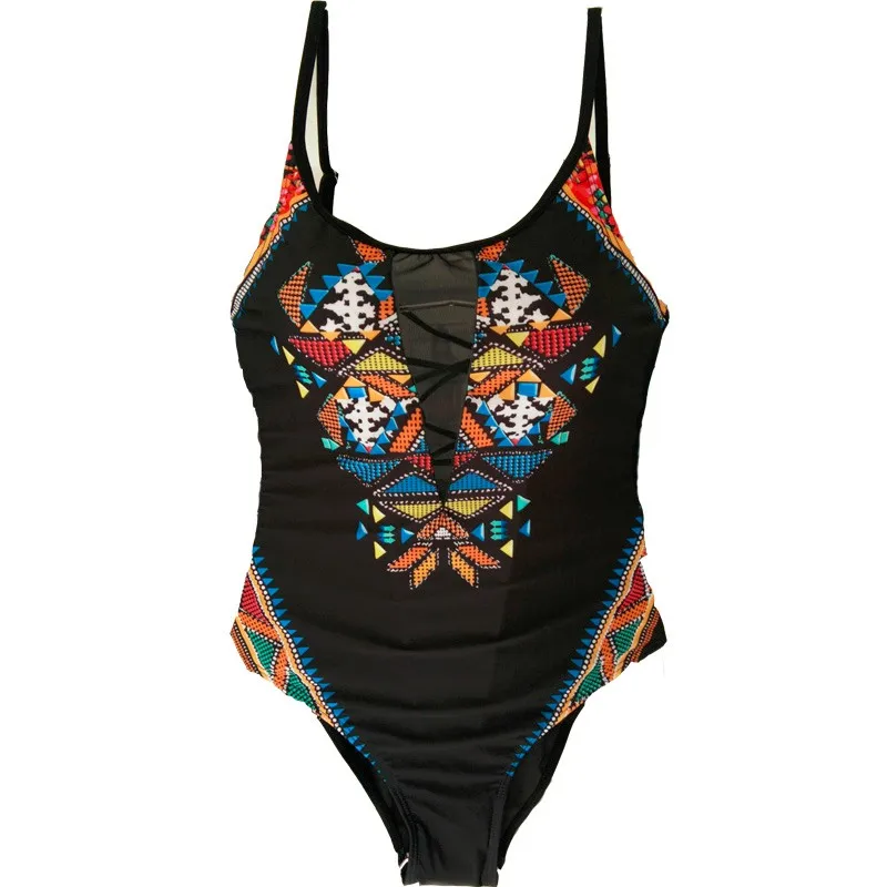 2017 черный сетчатый слитный купальник с тотемным принтом винтажный цельный