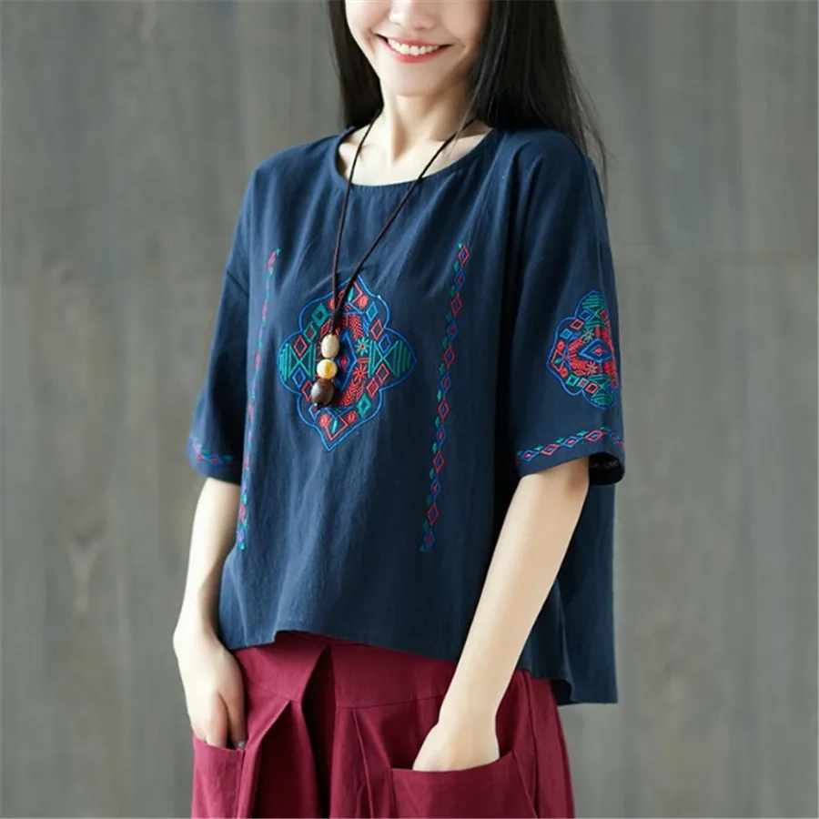 

Summer 2019 T Shirt Women Modis Vintage Embroidery Short Sleeve Camisas Mujer Casual Loose Linen Cotton Tee Shirt Femme Xl5015