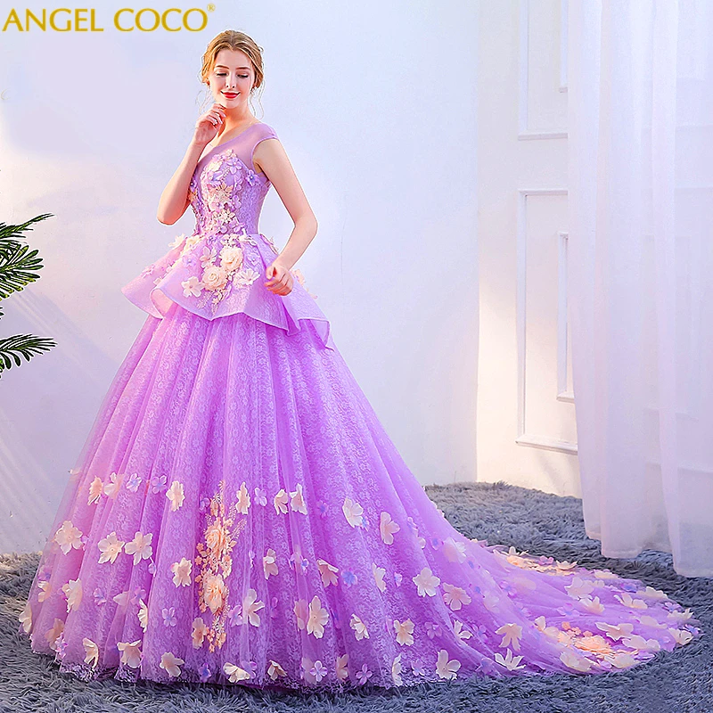 Custom Made Sweetheart Tulle Floor Length Beads Sequins Ball Gown Romantic Purple Quinceanera Dress Prom Robe de | Свадьбы и