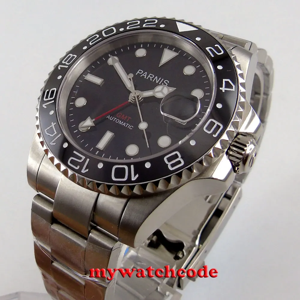 40 мм Parnis черный циферблат GMT сапфировое стекло Керамическая рамка автоматические