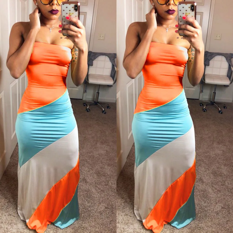 2019 осеннее сексуальное модное женское платье без бретелек в полоску длинное