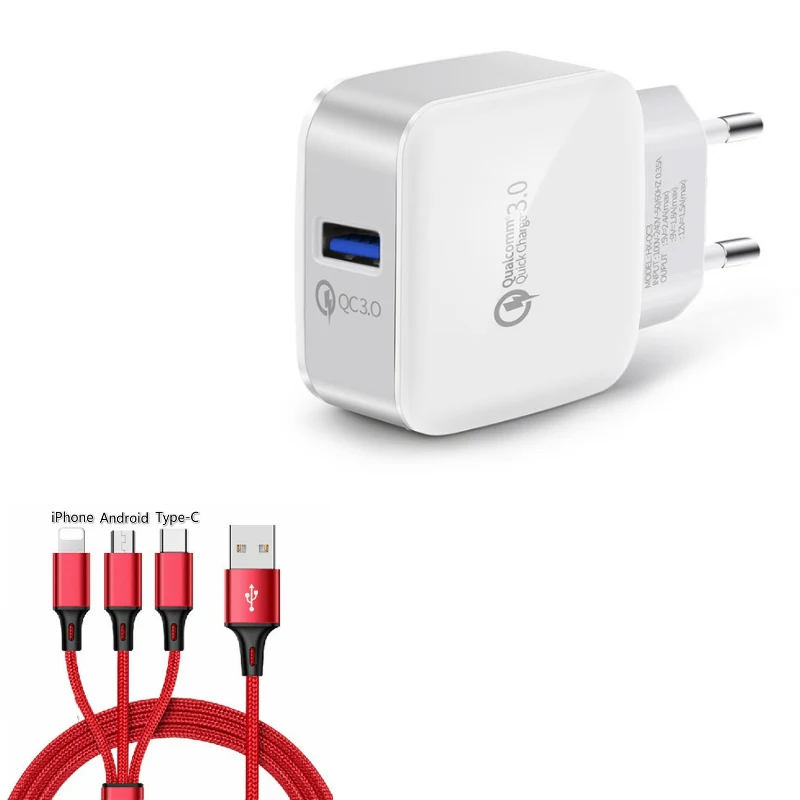 Зарядное устройство для путешествий, зарядное устройство USB для телефона, быстрая зарядка 3,0, штепсельная вилка европейского стандарта, быстрое зарядное устройство USB для iPhone, samsung, lenovo, htc, смартфона - Цвет: EU White Set 1