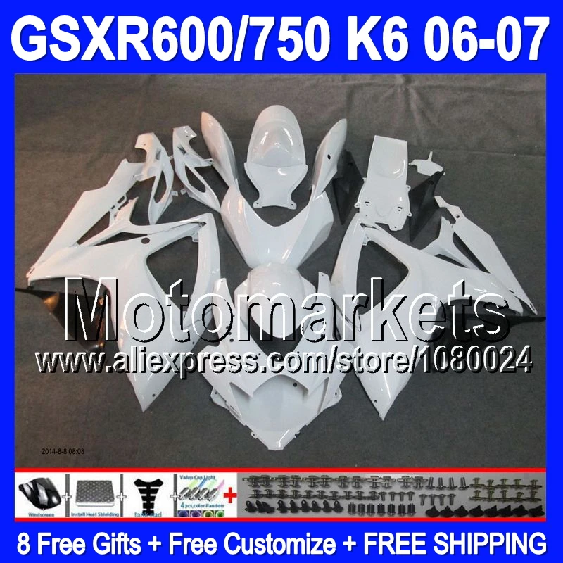 8 подарки + для SUZUKI GSXR750 K6 все белое тело GSX-R750 36K87 GSX R750 06 07 GSXR 750 глянцевый белый 2006 2007