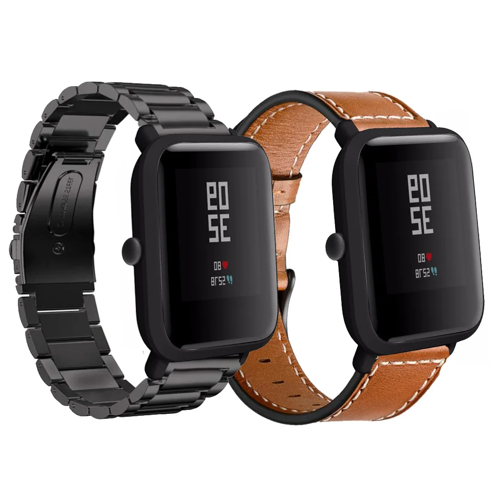 2в1 для Huami Amazfit Bip смарт-браслет из нержавеющей стали + кожаный ремешок Xiaomi Youth Watch |