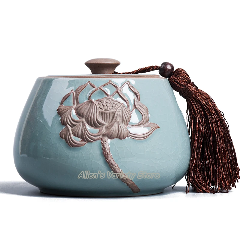 

Lotus Geyao Ge kiln Exquisite Pottery spice Sauce Jar Tea Box tea Canister Porcelain candy jar ceramic sealed tank tea caddy