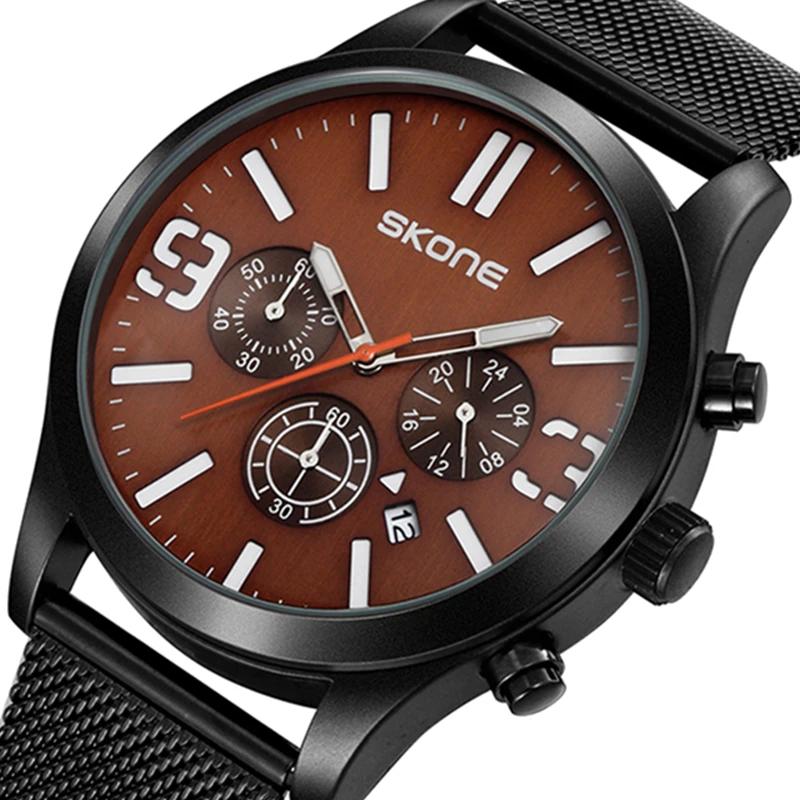 SKONE Марка Для мужчин часы простое платье кварцевые Мужчин стальной сетки ремешок
