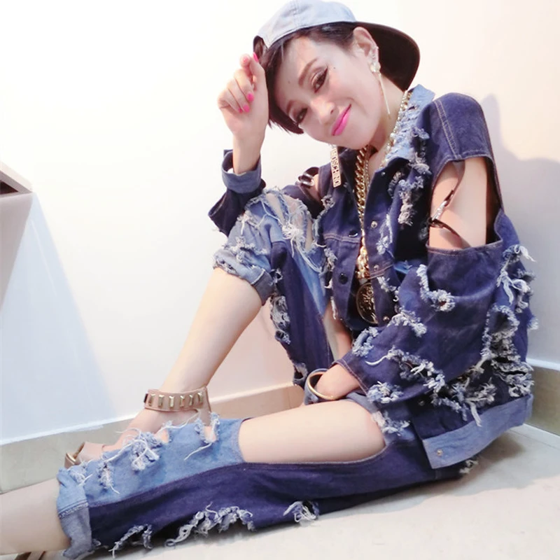 Женский джинсовый костюм для танцев и джазовых баров рваный топ брюки VDB074 |