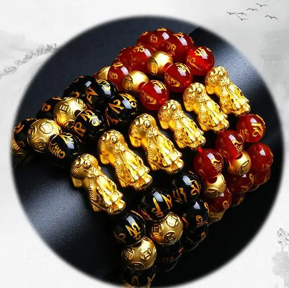 free shipping pixiu Bracelet Sanskrit Red Black Agate Lettering 3D Hard Gold Road Pass | Украшения и аксессуары