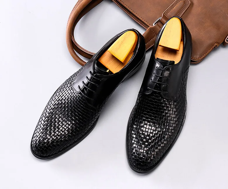 

Men Fashion Genuine Leather Round Toes Weaving Lace Up Dress Shoes Men Breathable Casual Leather Dress Shoes Free Shipping