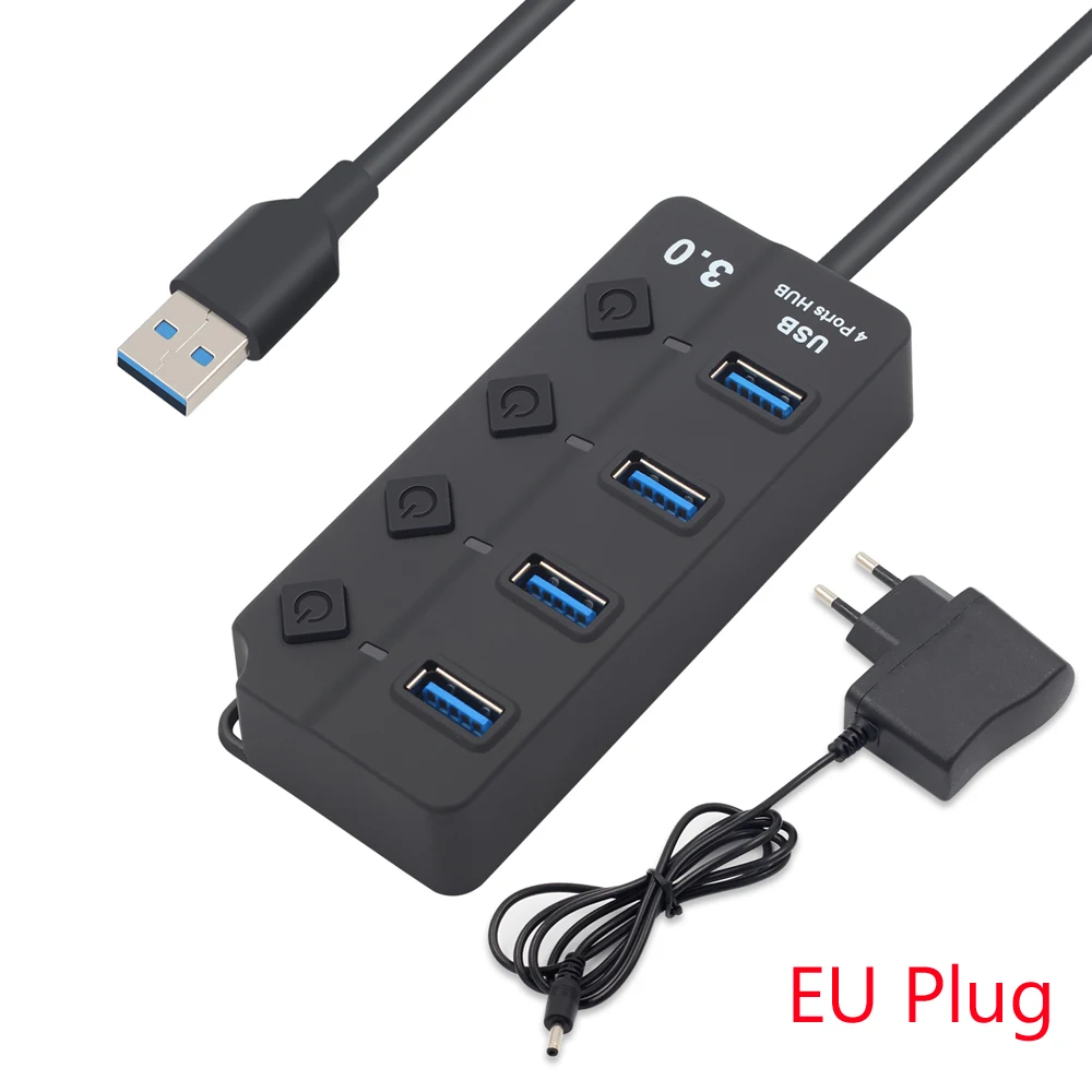 4 ports EU Plug 4/7 порт USB 3,0 концентратор разветвитель usb-хаб 3,0 с индивидуальными переключателями питания светодиодный индикатор ЕС США адаптер питания для ноутбука MacBook - Цвет: 4 ports EU Plug