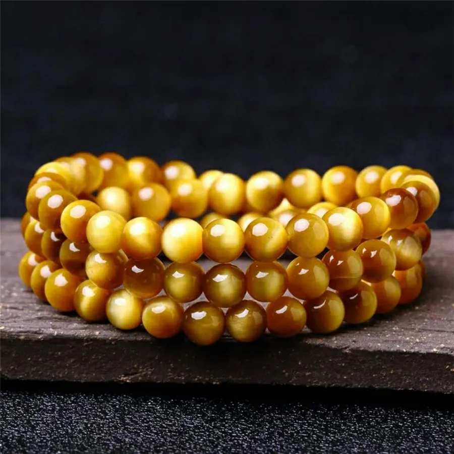 Genuine Natural Gold Tiger Eye Gems Stone Bracelets For Women Men Crystal Three Laps Round Bead Bracelet 6mm 8mm | Украшения и