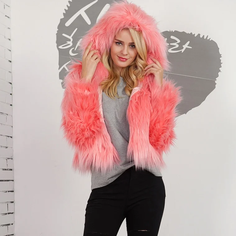 Dark Pink Anself модные женские туфли зимние укороченный топ из искусственного меха с капюшоном пальто с длинным рукавом куртка короткая уличная мода, вечеринки меховая верхняя одежда - Цвет: Dark Pink