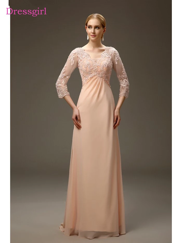

Peach Mother Of The Bride Dresses A-line V-neck 3/4 Sleeves Chiffon Lace Backless Long Elegant Groom Mother Dresses Wedding