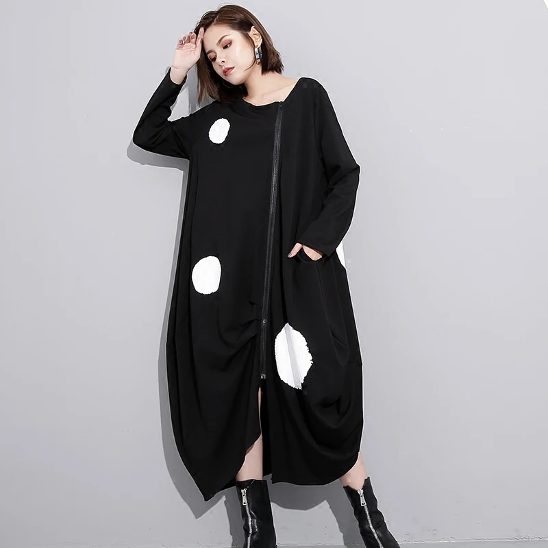 2017 Осень точка печати Свободные платье женская повседневная с декоративной