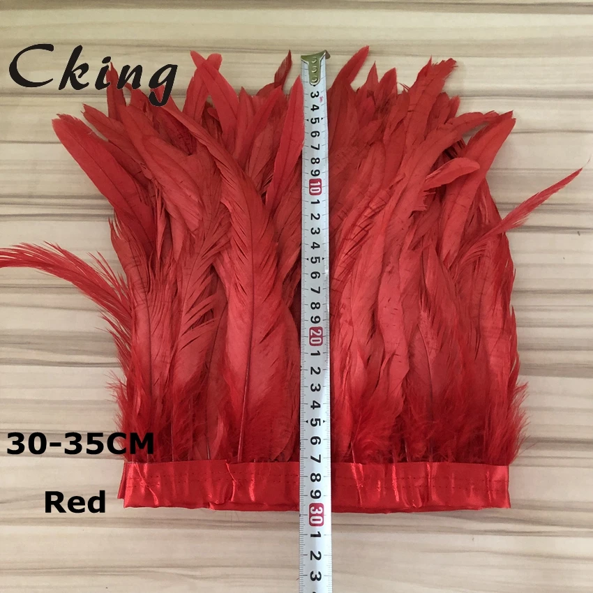 

2 meter long 12-14" high quality Red Rooster Trim Feather Fringe Dyed with Satin Ribbon Tape for skirt feathers for crafts party