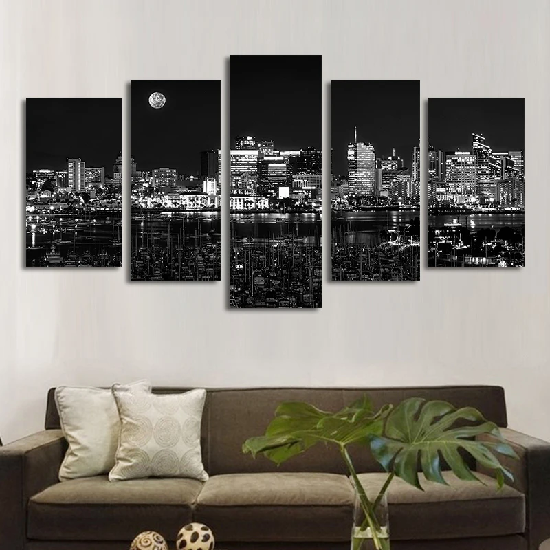 5 шт. холст Картины Wall Art Черный и белый вид на ночной город картины настенные изображения произведения искусства для дома декоративные картины