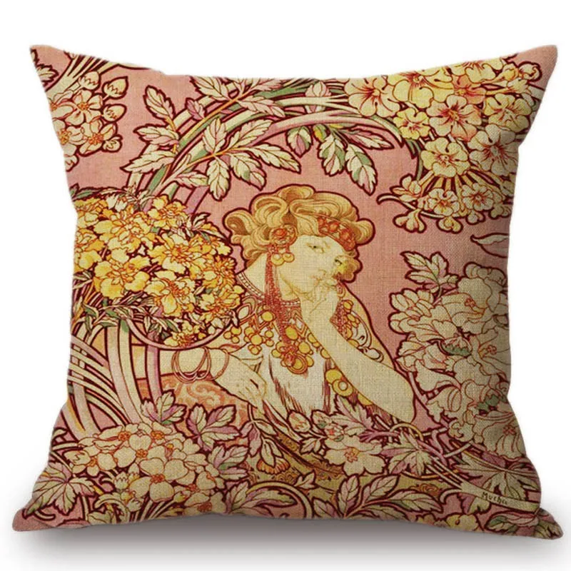 9 Винтажная Европейская художественная Nouveau Mucha галерея декоративная подушка для дивана чехол красивая девушка хлопок лен Роскошный чехол для подушки - Цвет: 9