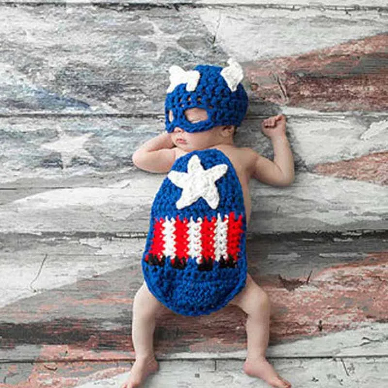 Crochet Pattern Captain America Newborn Photo Prop Outfit Knitted Baby Hat with Cape Handmade Infant Costume Set H231 | Детская одежда