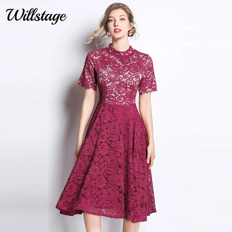 Willstage Красные кружевные платья для женщин короткий рукав цветочный рисунок