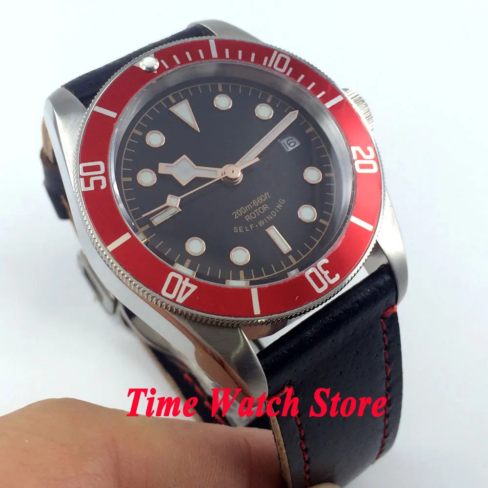 Часы мужские черные стерильные 41 мм с красной вставкой и сапфировым стеклом|watch