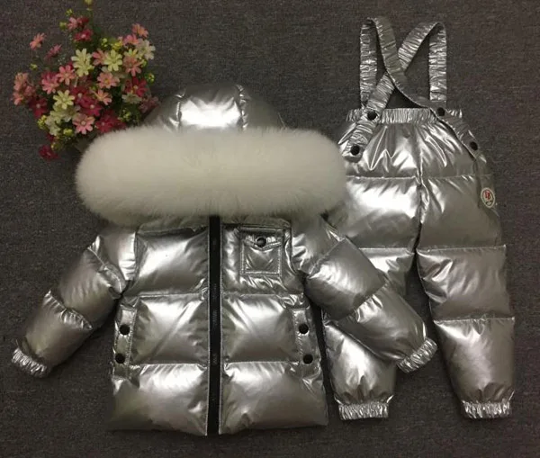 

Designed for Russian babies with thick down set children's down ski jacket suit natural white big fox fur collar