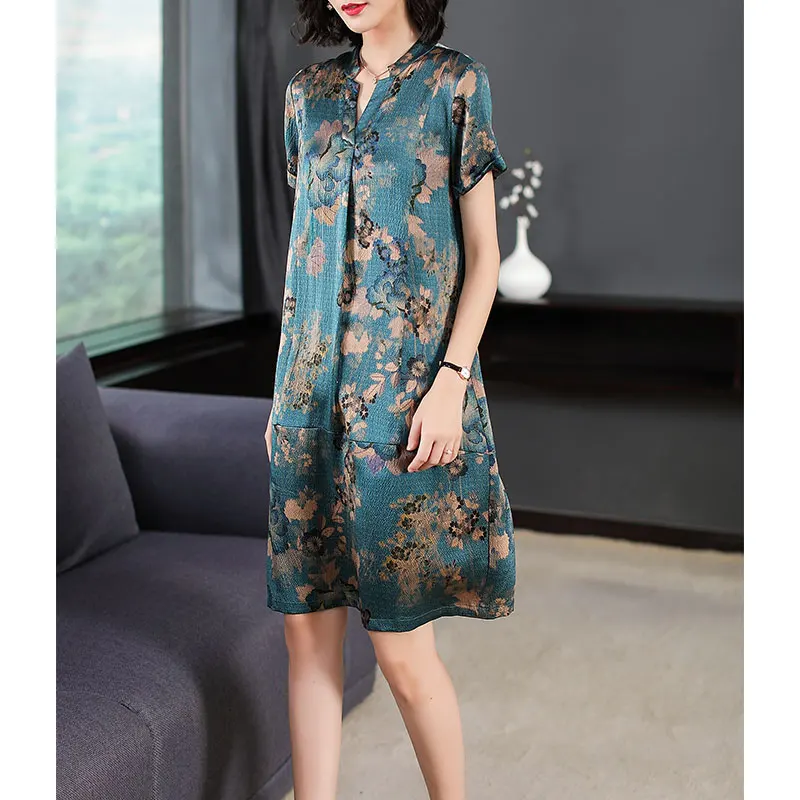 

Elegant Loose Silk Dress For Mom V-Neck Floral Summer Dress Fashion Printed Short Sleeve Women Dresses