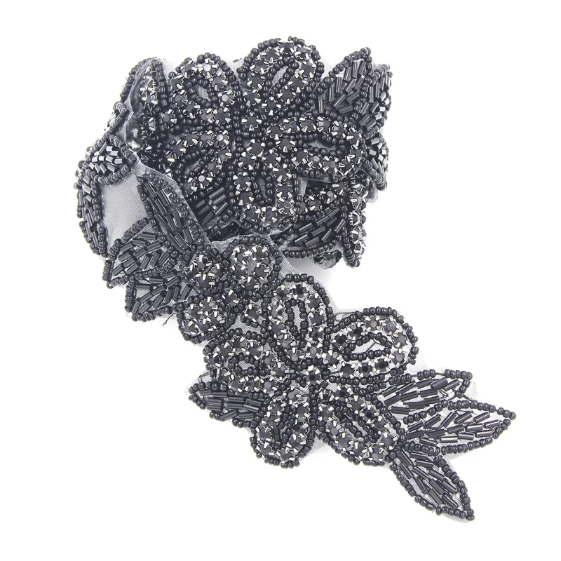 1 Yard Black Handmade Rhinestone Applique 7pcs of 13.5*6cm Flowers for Hot-fix Garment Decorries High Quality | Дом и сад