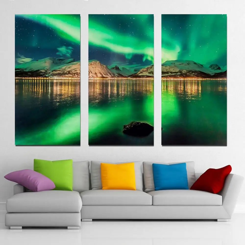 Прямая поставка 3 панели печатная картина Aurora Borealis Настенная украшение для дома