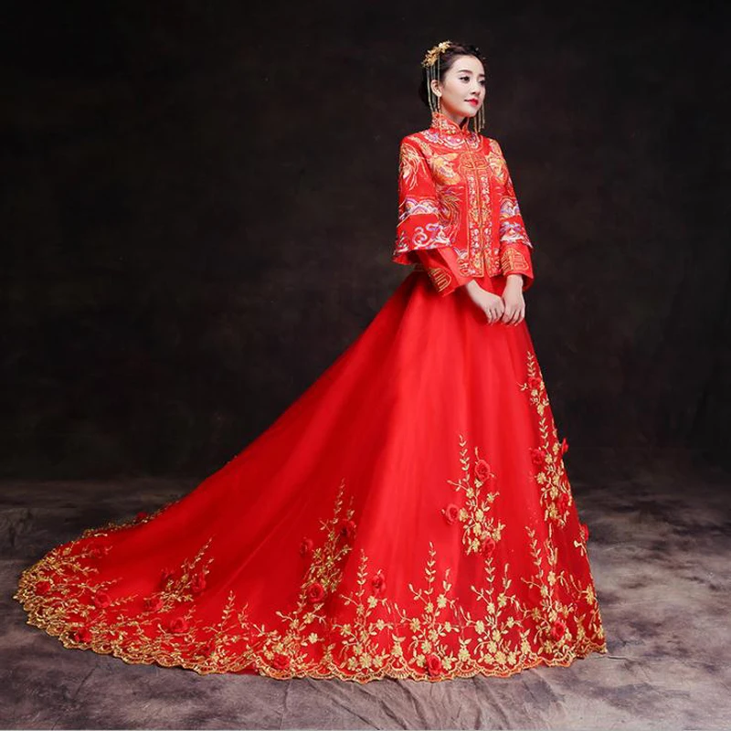 Роскошное Королевское красное платье с вышивкой китайское свадебное Qipao для