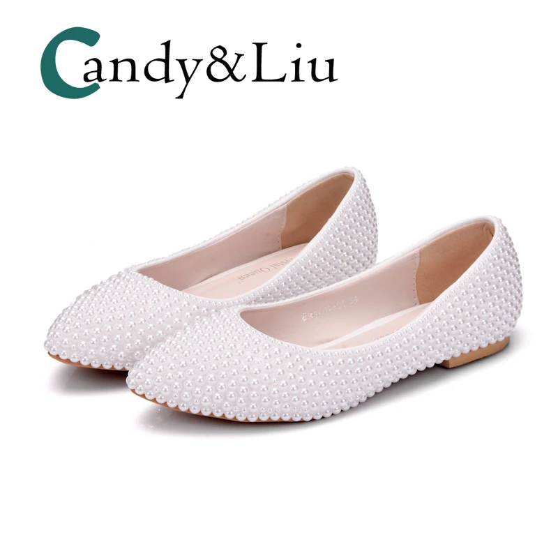 

White Pearl Women Flats Slip-on Pointed Toe Boat Shoes Casual Shallow for Party Leisure Bridesmaid Banquet Pregnant Handmade