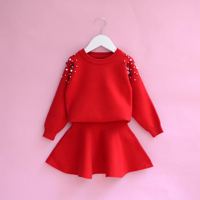Spring Winter baby sweater + knitted skirt girls 2 pcs set kids knit suit children quality clothes pearl patch solid 4 to 9 yrs | Мать и