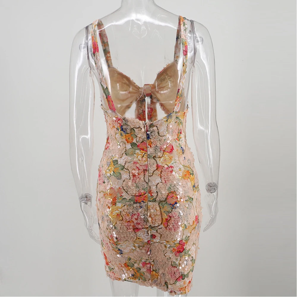 Women Cut Out Waist Backless Sequin Party Dress Mini Deep V Neck Bow Bodycon Summer 2019 Flower Sequined Vestidos | Женская одежда