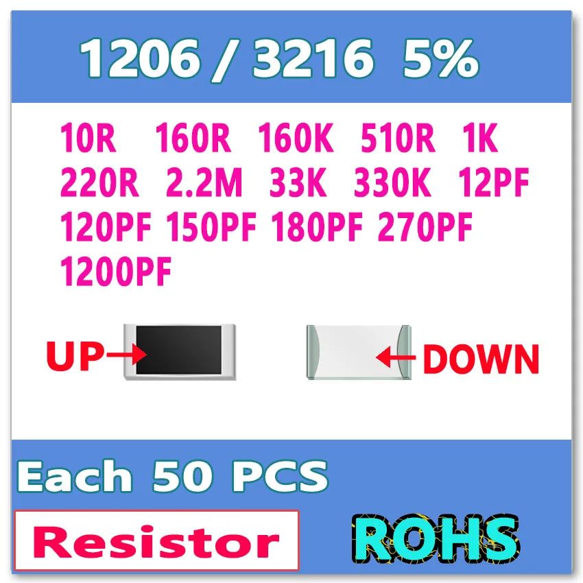 1206 10R 160R 160K 510R 1K 220R 2 M 33K 330K 12PF 120PF 150PF 180PF 270PF 1200PF Каждый 50 шт.|50pcs| |
