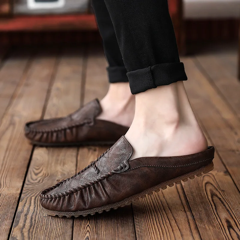 Мюли мужские из сплит кожи мягкие кожаные шлепанцы без застежки плоская подошва