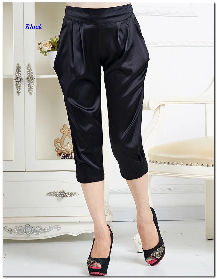 Elastic pure silk satin female casual harem pants,new arrival elastic silk satin women loose capris pants