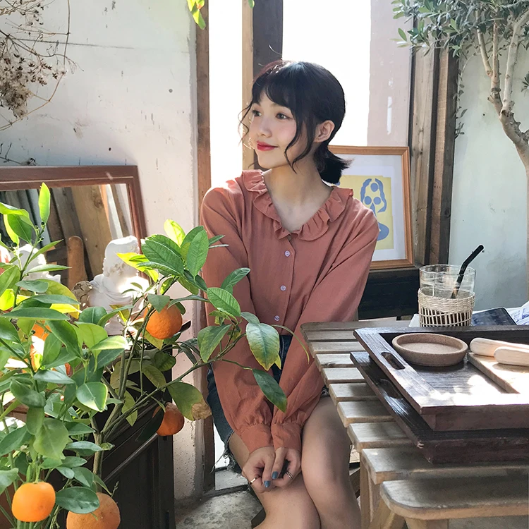 2 colors 2018 autumn sweet style solid clor shirt women long sleeve blouses womens tops (F3551) |
