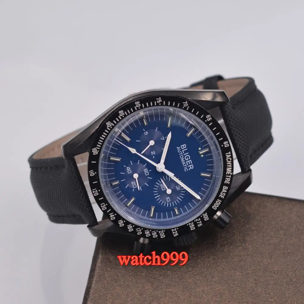 40mm Bliger Blue Dial Black Leather Strap 316L Plastic Case Date Mechanical Automatic Men's Watch | Наручные часы
