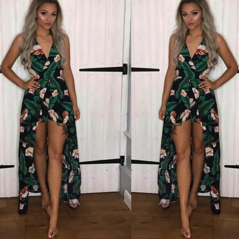 Summer Vacation 2018 Spaghetti Strap High Waist Tropical Palm print Shirred loose fit Cami Palazzo Women Jumpsuit sexy v neck | Женская